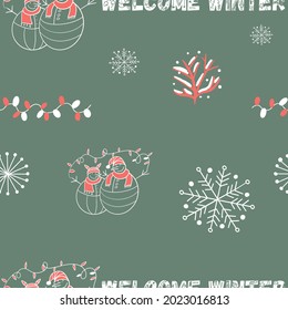 Seamless Christmas pattern with green background, doodles snowmen, garland, snowflakes