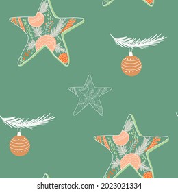 Seamless Christmas pattern with green background, doodles star, snowflakes, Christmas tree branch with ball.