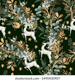 Seamless Christmas pattern with green botanical and gold elements. Vector