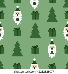 Seamless christmas pattern in green color with christmas tree, santa claus and gift box. New year background. Christmas wrapping paper in trend 2022 color.