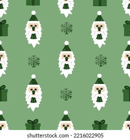 Seamless christmas pattern in green color with santa claus, gift box and snowflakes. New year background. Christmas wrapping paper in trend 2022 color.