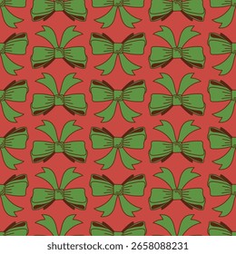 Seamless Christmas Pattern with Green Gift Bows on Red Background. Ideal for Christmas wrapping paper, holiday decorations, greeting cards, digital scrapbooking, textile design and seasonal packaging