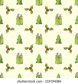 Seamless Christmas pattern. Green hand-drawn festive background.