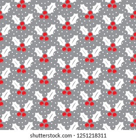 Seamless Christmas pattern with green holly leaves and berries. Vector illustration