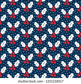 Seamless Christmas pattern with green holly leaves and berries. Vector illustration
