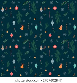 Seamless Christmas pattern with green leaves, pine branches, red berries, Christmas tree ornaments, and snowflakes on a dark blue background. Perfect for wrapping paper, fabric and holiday decor.