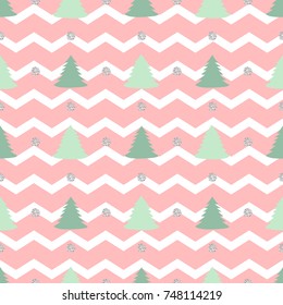 seamless christmas pattern with green pine tree on pink stripe background