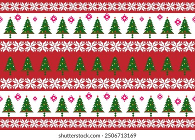 Seamless Christmas pattern with green and red Christmas trees, perfect for festive decorations, vintage designs, and holiday-themed textiles,Traditional ethnic, geometric, ethnic,culture, fabric