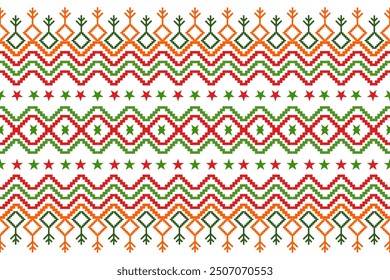 Seamless Christmas pattern with green and red Christmas trees, perfect for festive decorations, vintage designs, and holiday-themed textiles,Traditional ethnic, geometric, ethnic,culture, fabric