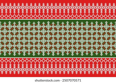 Seamless Christmas pattern with green and red Christmas trees, perfect for festive decorations, vintage designs, and holiday-themed textiles,Traditional ethnic, geometric, ethnic,culture, fabric
