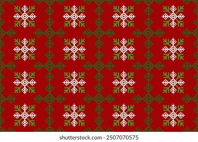 Seamless Christmas pattern with green and red Christmas trees, perfect for festive decorations, vintage designs, and holiday-themed textiles,Traditional ethnic, geometric, ethnic,culture, fabric