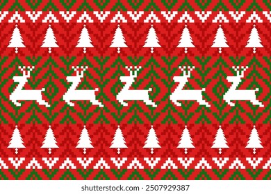 Seamless Christmas pattern with green and red Christmas trees,santa,reindeer perfect for festive decorations, vintage designs, and holiday-themed textiles,Traditional ethnic, geometric,valentine