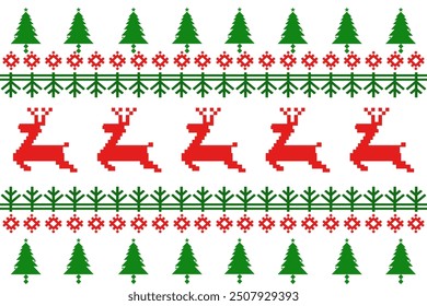 Seamless Christmas pattern with green and red Christmas trees,santa,reindeer perfect for festive decorations, vintage designs, and holiday-themed textiles,Traditional ethnic, geometric,valentine