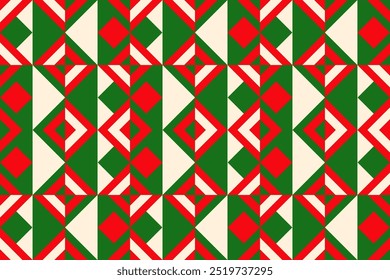 Seamless Christmas pattern with green and red Christmas trees, perfect for festive decorations, vintage designs, and holiday-themed textiles,Traditional ethnic, geometric, ethnic,culture, fabric