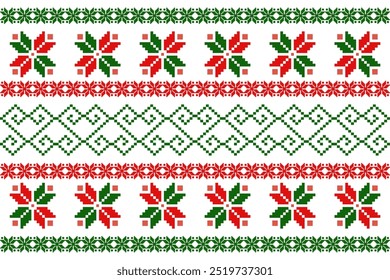 Seamless Christmas pattern with green and red Christmas trees, perfect for festive decorations, vintage designs, and holiday-themed textiles,Traditional ethnic, geometric, ethnic,culture, fabric