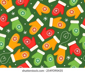 Seamless Christmas pattern with green, red and yellow mittens on a green background. New Year's pattern for wrapping paper, textile, print.