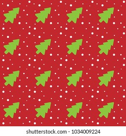 Seamless Christmas pattern with green Christmas trees and snowflakes on a red abstract background. Vector illustration.