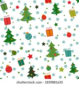 Seamless Christmas pattern with green trees, balls, gifts and snow. Vector endless illustration for web background.