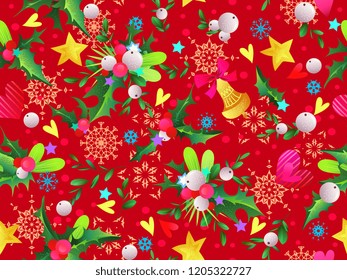 Seamless Christmas pattern with greenery.Watercolor effect