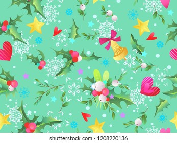 Seamless Christmas pattern with greenery.Watercolor effect