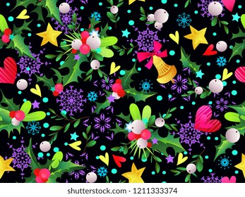 Seamless Christmas pattern with greenery.Watercolor effect