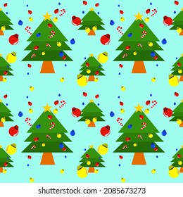 Patrón de Navidad sin inconvenientes para tarjetas de felicitación, papel de envoltura. Hermoso fondo de color con árbol de Navidad. Ilustración vectorial.