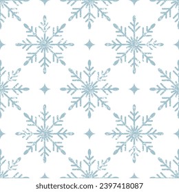 Seamless Christmas pattern with grunge texture. Blue snowflakes on white background. Vintage New Year background. For printing on paper or fabric. Holiday Christmas vector illustration.