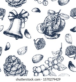 seamless Christmas pattern, hand drawing bluebells nuts tangerines, vector