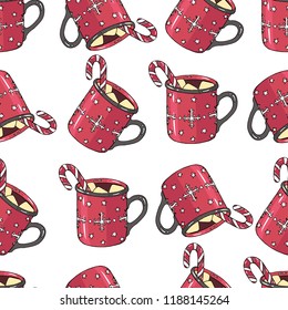 Seamless Christmas pattern with hand drawn colored cup of hot chocolate with marshmallow and candy on white. Pattern can be used for wallpaper, web page background, surface textures.