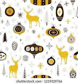 Seamless Christmas pattern with hand drawn balls, snowflakes and golden deer silhouettes.Vector texture