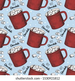 Seamless Christmas pattern with hand drawn red cup of hot chocolate with marshmallow. Vector illustration in sketch engraving style. Vintage background