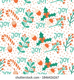 Seamless Christmas pattern hand drawn vector illustration candy cane, mistletoe, nut, joy lettering. Decorative repeating background Winter holiday art for greeting card, Christmas decor, fabric