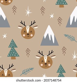 Seamless Christmas pattern with hand drawn deer, spruce and mountain. Winter wrapping paper,  web page background, Christmas and New Year greeting cards.