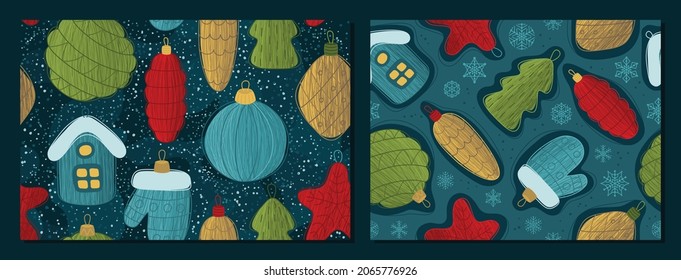 Seamless Christmas pattern in hand drawn style. Winter Vector background of different Christmas hanging decorations for fabric, textile, wallpaper, print, posters, gift wrapping and paper, napkins. 