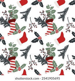Seamless Christmas pattern with hand drawn vector holiday stockings, Santa hats, holly, pine branches and berries. Perfect for festive wrapping paper, seasonal decor, and winter backgrounds