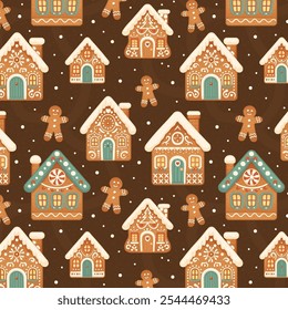 Seamless Christmas pattern with hand drawn gingerbread houses and men. Traditional cookies with icing. Homemade biscuit. Winter holiday print for packaging. Cute flat cartoon style vector illustration