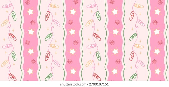 Padrão de Natal sem costura com guirlanda de luz festiva desenhada à mão, estrelas e flocos de neve em listras onduladas rosa. Design de férias pastel bonito, fundo para decorações sazonais, impressão, cartões de saudação.