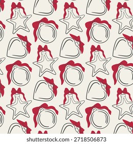Nahtloses Weihnachtsmuster mit handgezeichneten Ornamenten, Sternen und roten Schleifen. Festlicher Winterhintergrund zum Verpacken von Papier, Textilien, Tapeten und Urlaubsdesign.
