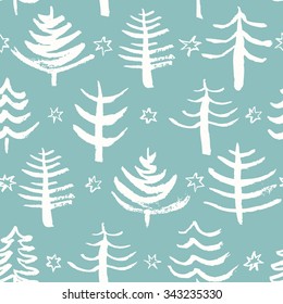 Seamless Christmas pattern with hand drawn elements. Cute Christmas trees. Winter background. Vector illustration