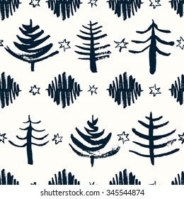 Seamless Christmas pattern with hand drawn elements. Cute Christmas trees. Winter background. Vector illustration