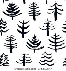 Seamless Christmas pattern with hand drawn elements. Cute Christmas trees. Winter background. Vector illustration