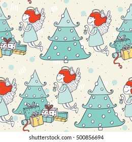 Seamless christmas pattern with hand drawn flying angel and christmas tree. Doodles in simple graphic style. Vector decorative illustration in blue and red colors o beige background. 