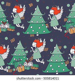 Seamless christmas pattern with hand drawn flying angel and christmas tree. Doodles in simple graphic style. Vector decorative illustration in green and red colors o blue background.