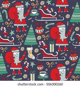Seamless christmas pattern with hand drawn Santa Claus with gift bag, christmas tree and objects. Doodles in simple graphic style. Vector decorative illustration in blue and red on night background.