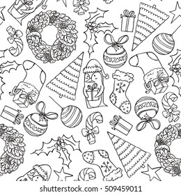 Seamless christmas pattern with hand drawn penguin with present, christmas tree and objects. Doodles in simple graphic style. Vector decorative illustration with black outlines on white background