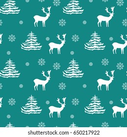 Seamless Christmas pattern hand drawn deers, fir trees, snowflakes, white silhouette on turquoise background, fabric, wallpaper, gift wrapping, stationary, surface design, festive