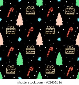 seamless christmas pattern with hand drawn christmas tree,gift,candy,snowflake.Can be used for design of wrapping paper,textile,blog decoration,banner,Christmas greeting card.Vector illustration.