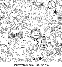 Seamless christmas pattern. Hand drawn illustration. Freehand sketch for adult anti stress coloring book page with doodle and zentangle elements.