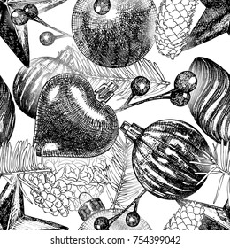 Seamless Christmas pattern. Hand drawn black white holiday elements in endless tile. Vector.