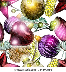 Seamless Christmas pattern. Hand drawn holiday elements in endless tile. Vector.